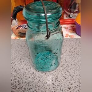 Vintage Aqua Blue Glass Ideal 1976 Biccentinal Mason Jar Wire Bail Lid